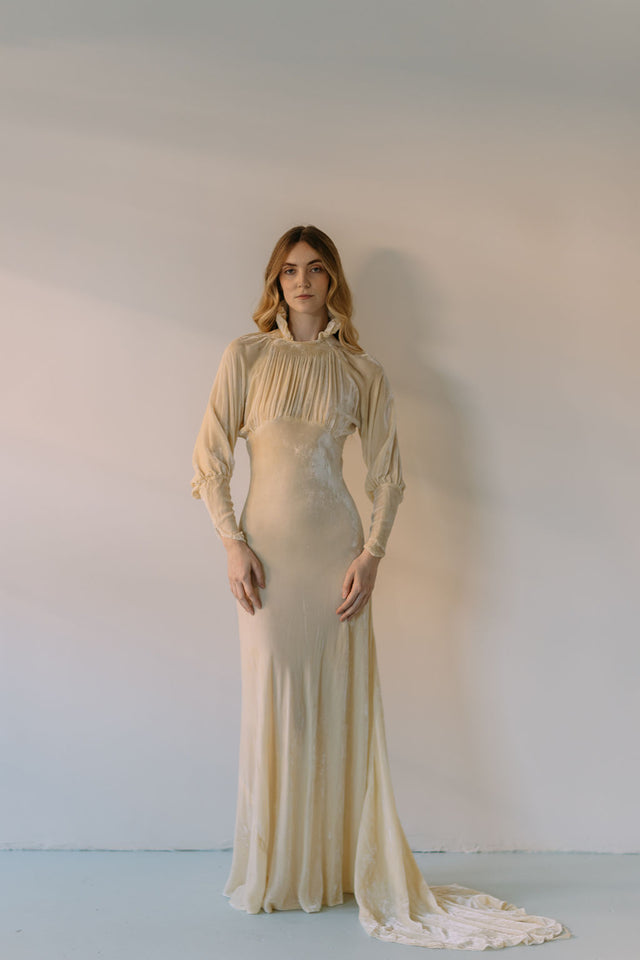 1930s champagne silk velvet wedding gown