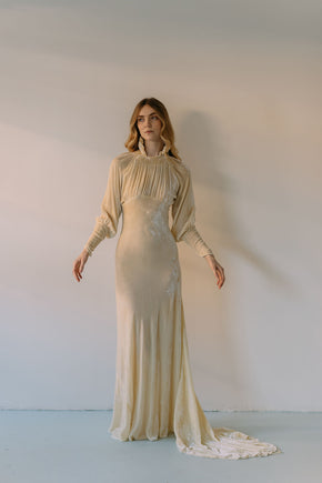 1930s champagne silk velvet wedding gown