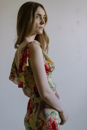 1930s floral silk crepe evening gown