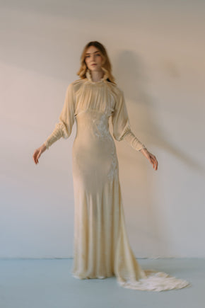 1930s champagne silk velvet wedding gown