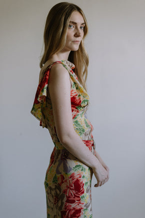 1930s floral silk crepe evening gown