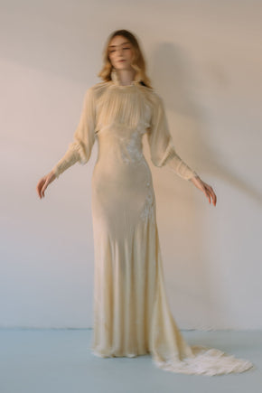 1930s champagne silk velvet wedding gown