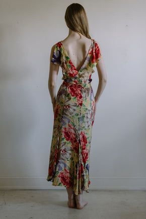 1930s floral silk crepe evening gown