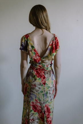 1930s floral silk crepe evening gown