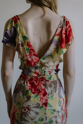 1930s floral silk crepe evening gown