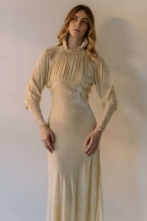 1930s champagne silk velvet wedding gown