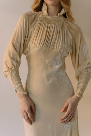 1930s champagne silk velvet wedding gown