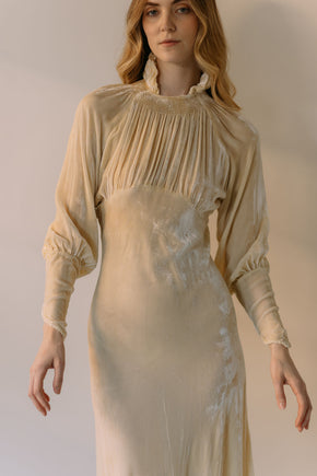 1930s champagne silk velvet wedding gown
