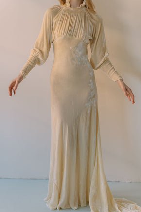 1930s champagne silk velvet wedding gown