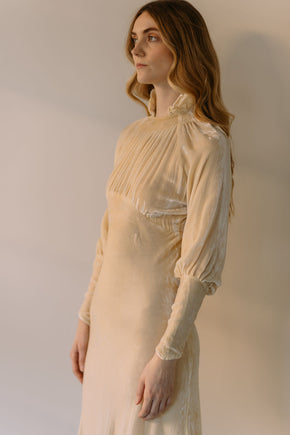 1930s champagne silk velvet wedding gown