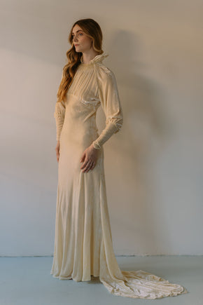 1930s champagne silk velvet wedding gown