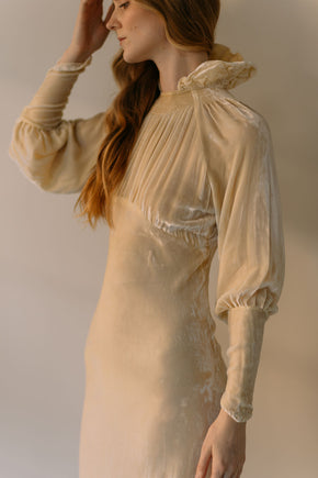 1930s champagne silk velvet wedding gown