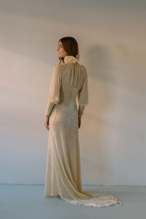 1930s champagne silk velvet wedding gown