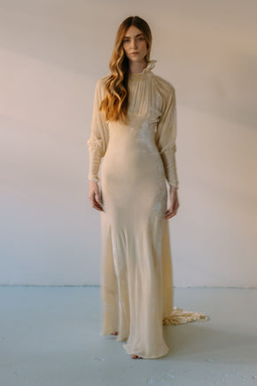 1930s champagne silk velvet wedding gown