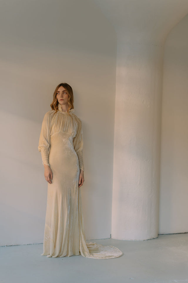 1930s champagne silk velvet wedding gown
