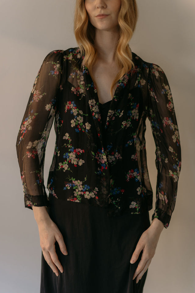 1930s French floral crepe chiffon blouse