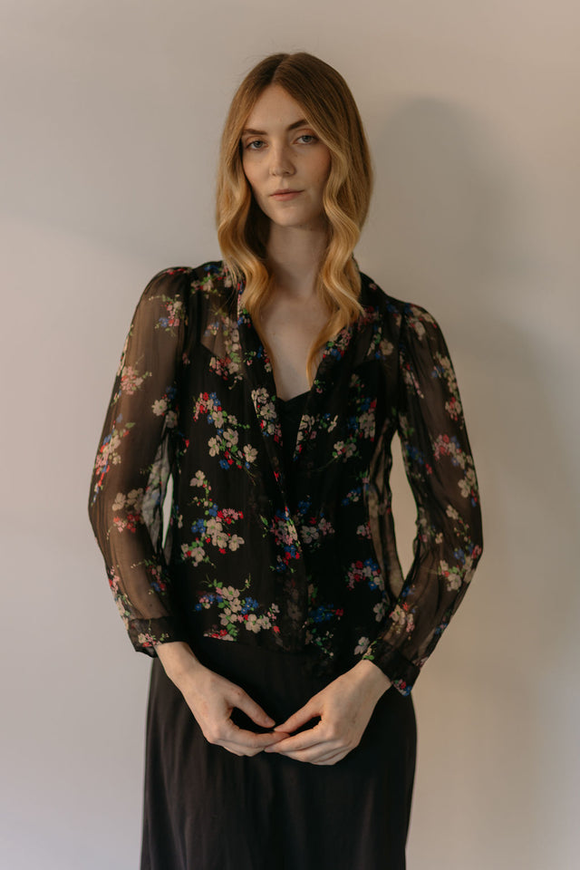 1930s French floral crepe chiffon blouse