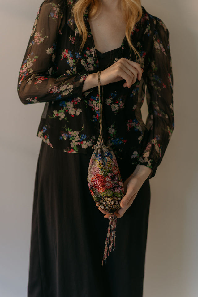 1920s pink and gray floral beaded evening bag