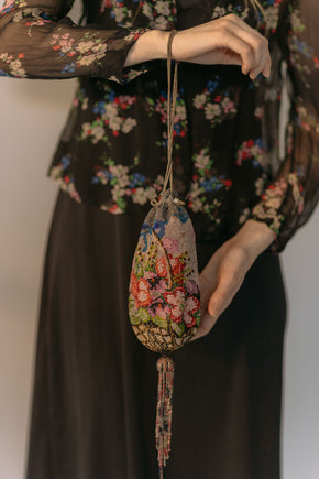 1920s pink and gray floral beaded evening bag