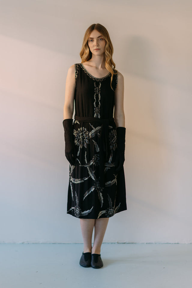 Rare 1920s silk crepe heavily beaded flapper dress, France