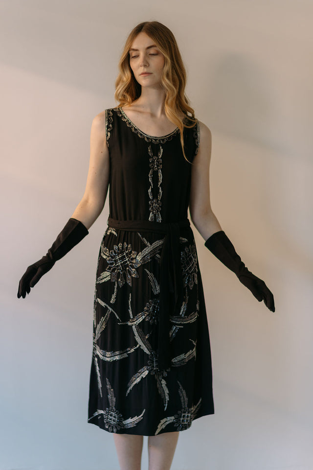 Rare 1920s silk crepe heavily beaded flapper dress, France
