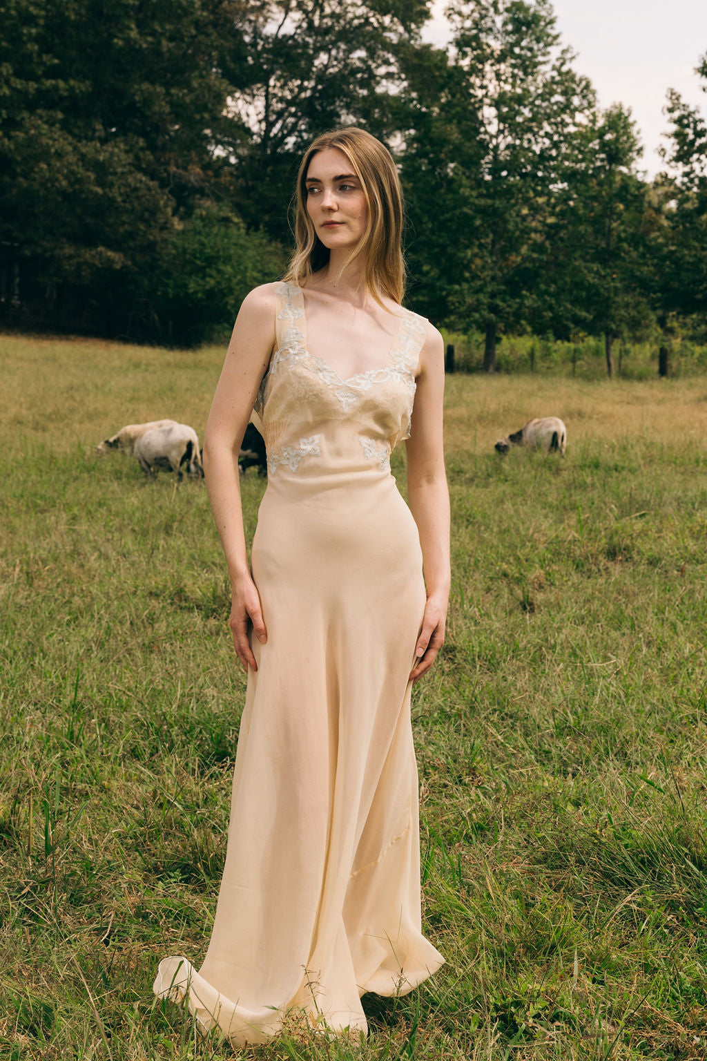 1930s bias silk crepe full length nightgown