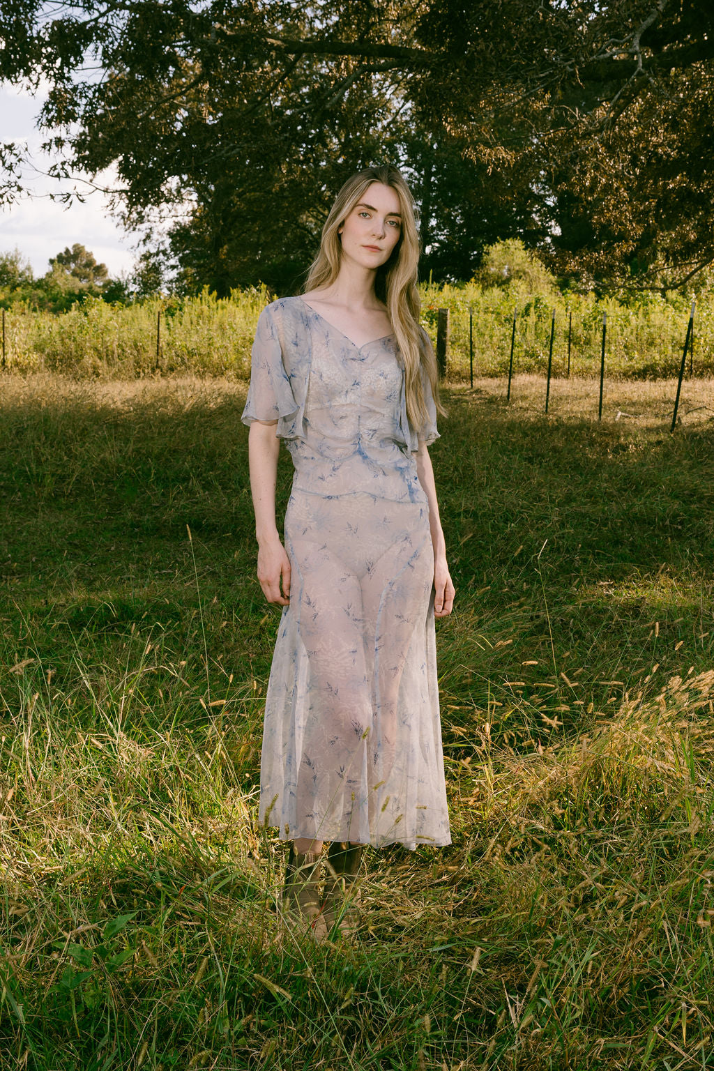 1930s blue floral silk chiffon dress set