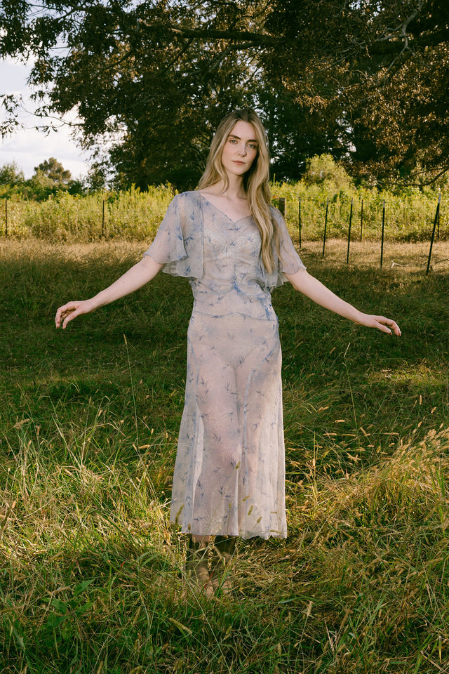 1930s blue floral silk chiffon dress set