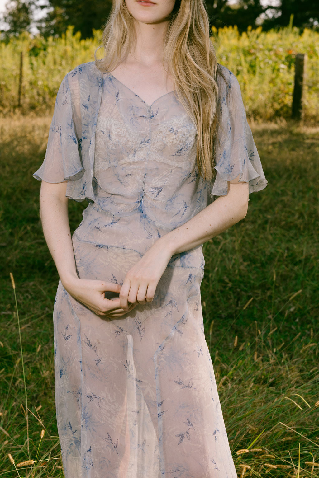 1930s blue floral silk chiffon dress set