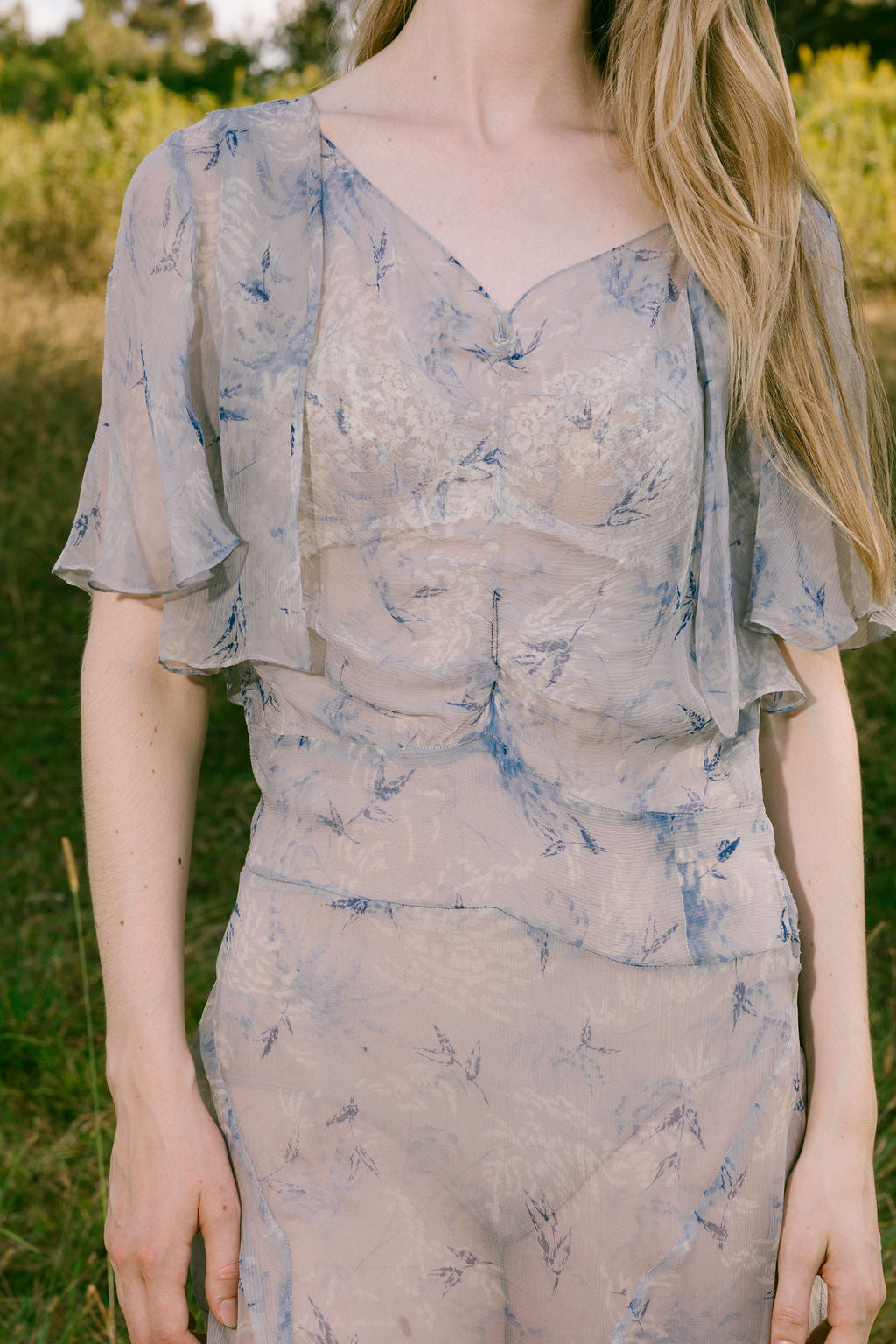 1930s blue floral silk chiffon dress set
