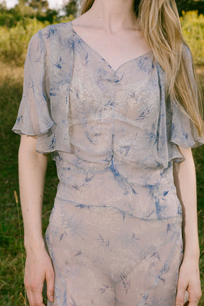 1930s blue floral silk chiffon dress set