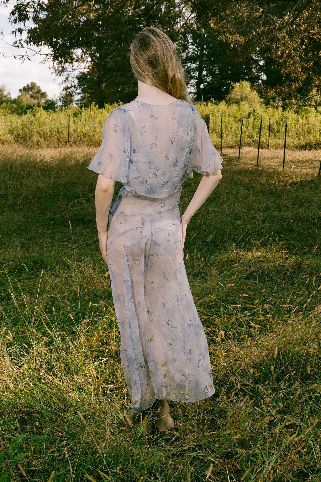 1930s blue floral silk chiffon dress set