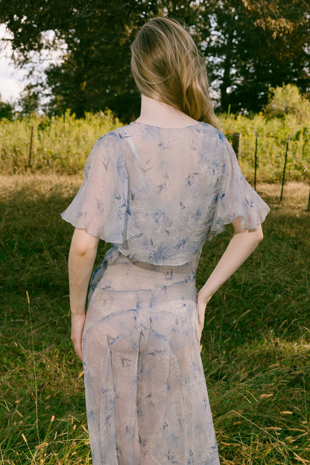1930s blue floral silk chiffon dress set