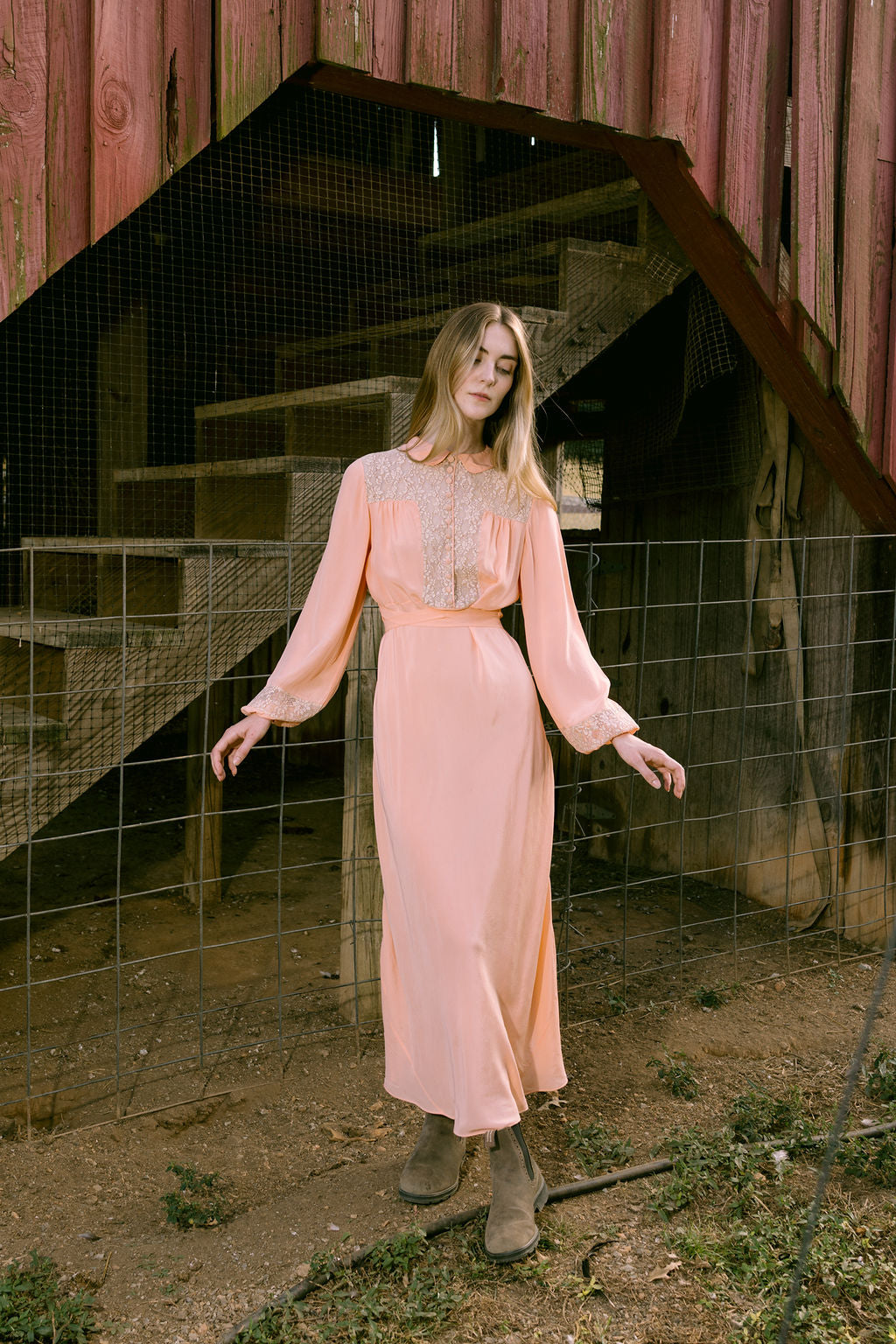 1930s long sleeve silk lace gown, Paris