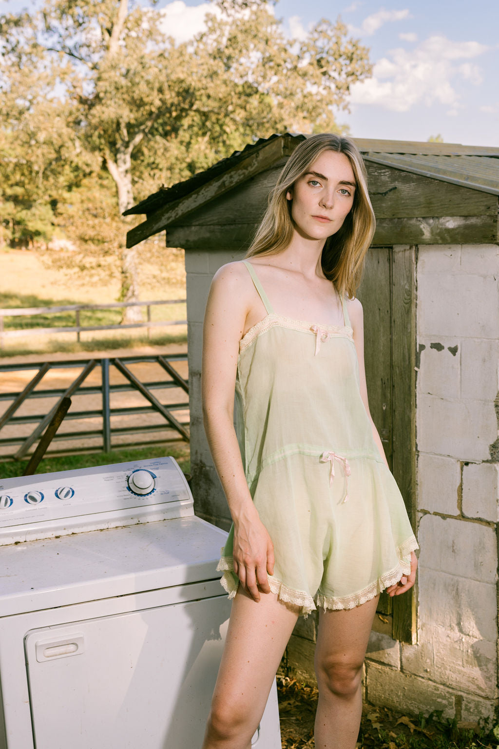 1920s green cotton silk lace ribbon romper