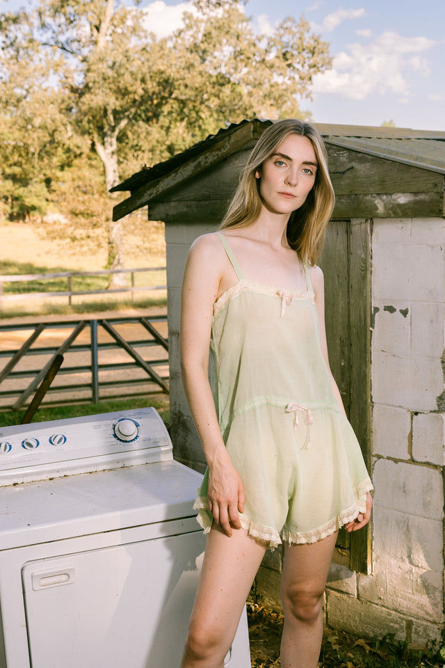 1920s green cotton silk lace ribbon romper
