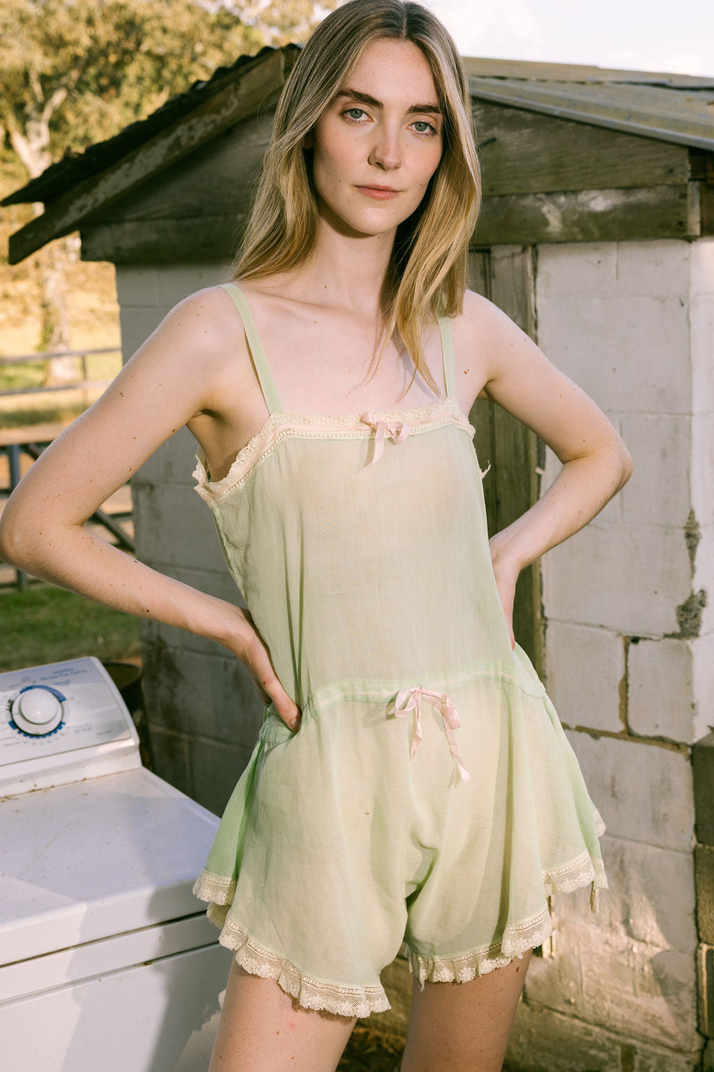 1920s green cotton silk lace ribbon romper