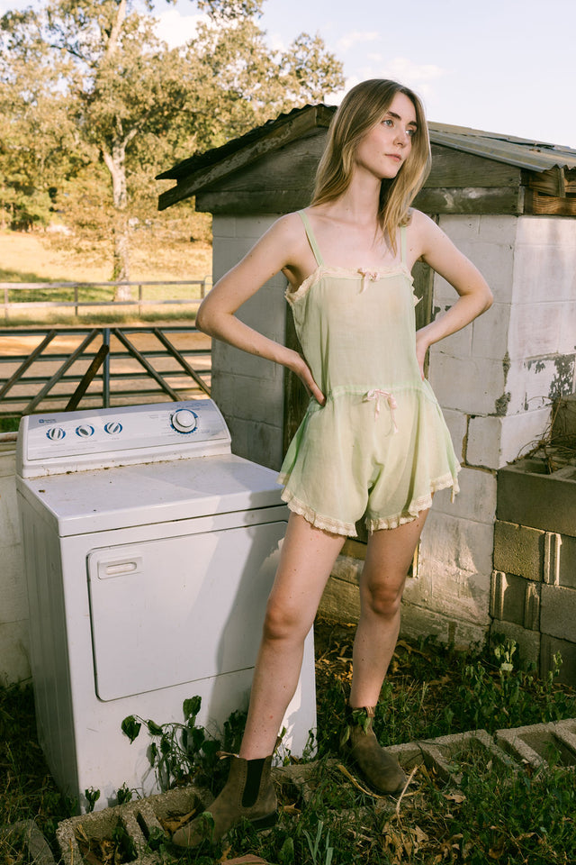 1920s green cotton silk lace ribbon romper