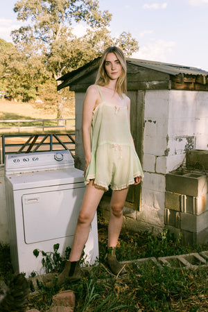 1920s green cotton silk lace ribbon romper