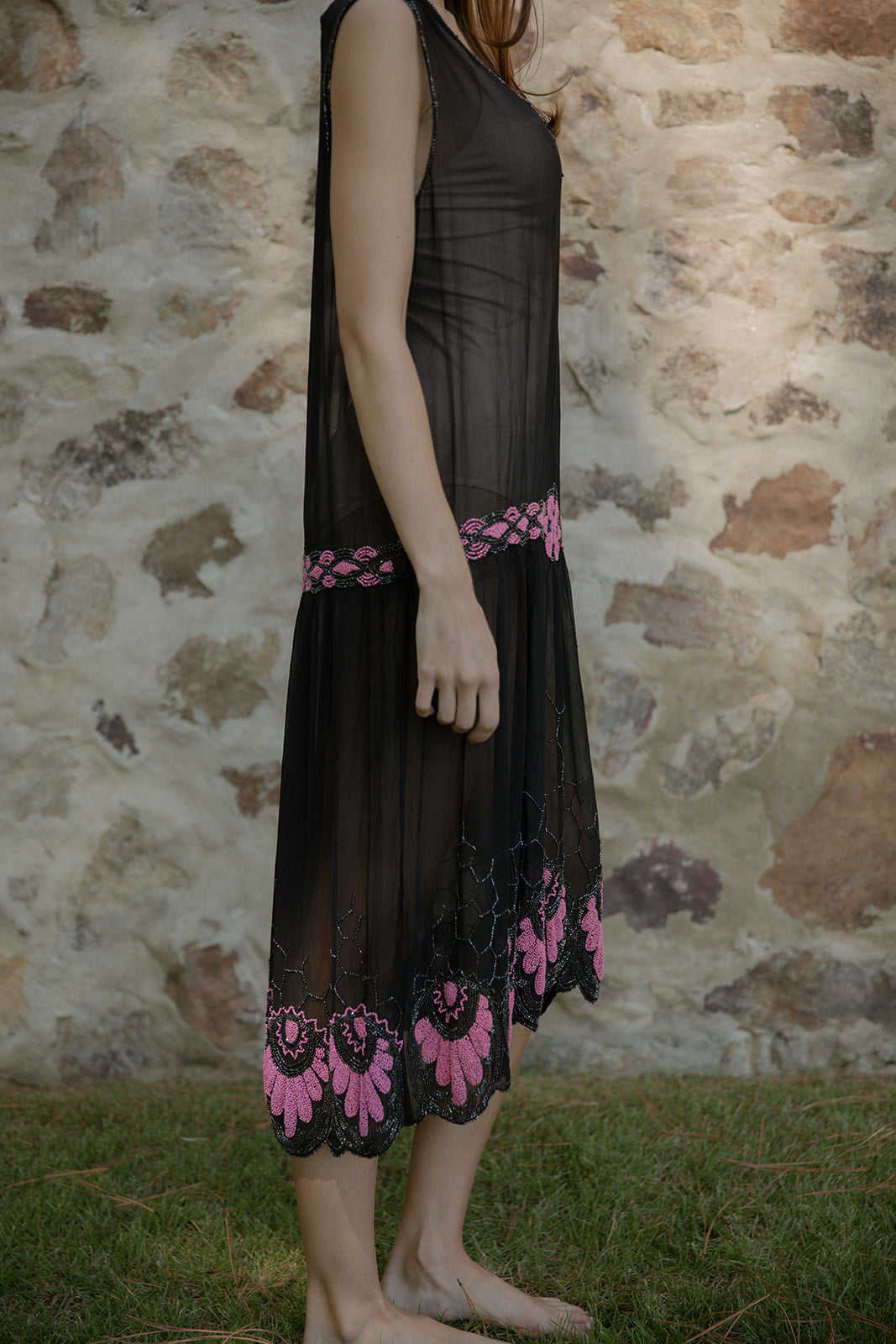 1920s French silk chiffon beaded evening dress