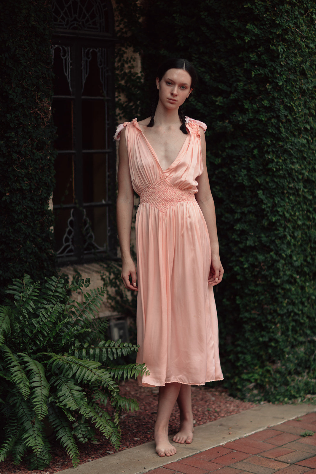 1930s French honeycomb smocked silk dress