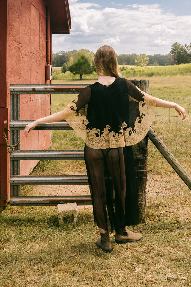 1920s silk chiffon lace capelet dress