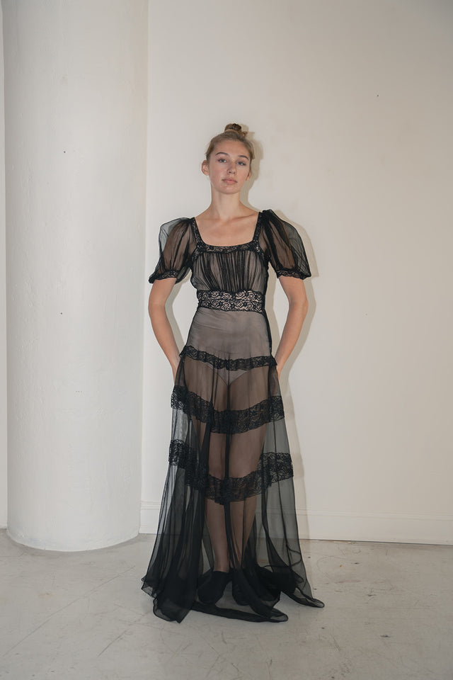 1930s chiffon lace puff sleeve gown
