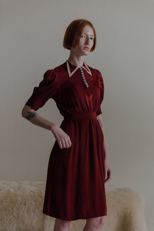 1930s satin crepe merlot day dress