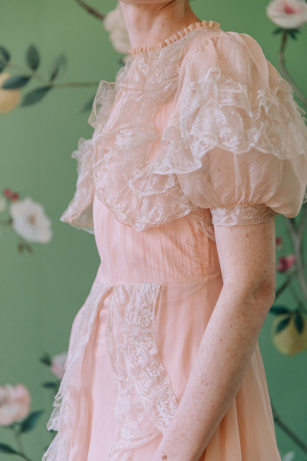 1930s French silk chiffon chantilly lace gown