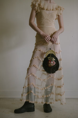 1800s silk floral embroidered bag celluloid frame France