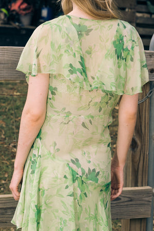 1920s green floral silk chiffon gown