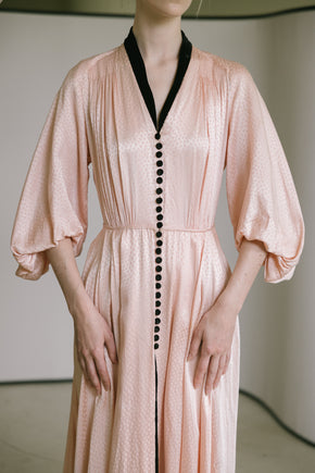 1930s printed silk satin balloon sleeve gown, France