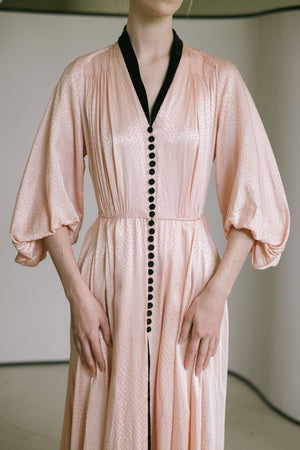 1930s printed silk satin balloon sleeve gown, France