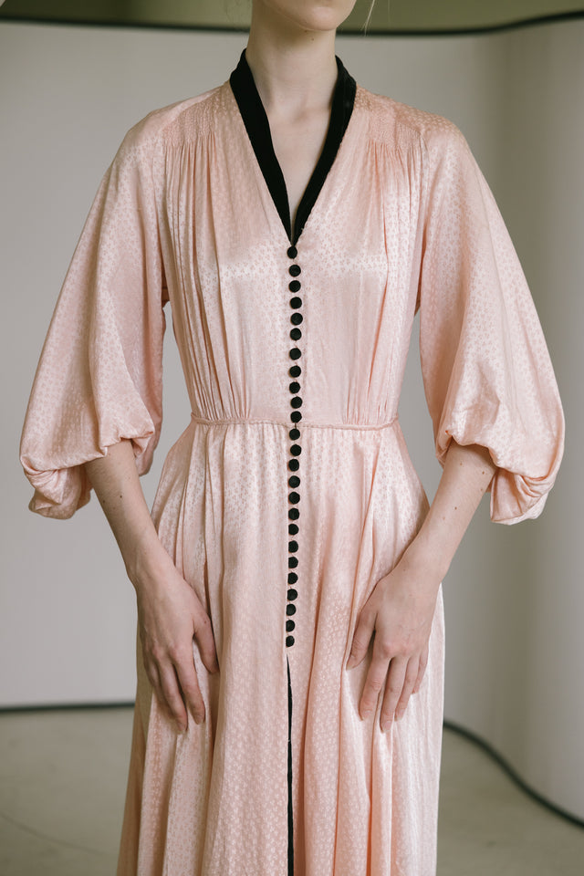1930s printed silk satin balloon sleeve gown, France